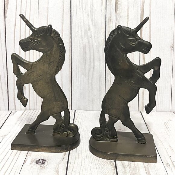 Vintage Pair of Solid Brass Unicorn Bookends Magic Horses 7.5” - Picture 6 of 10